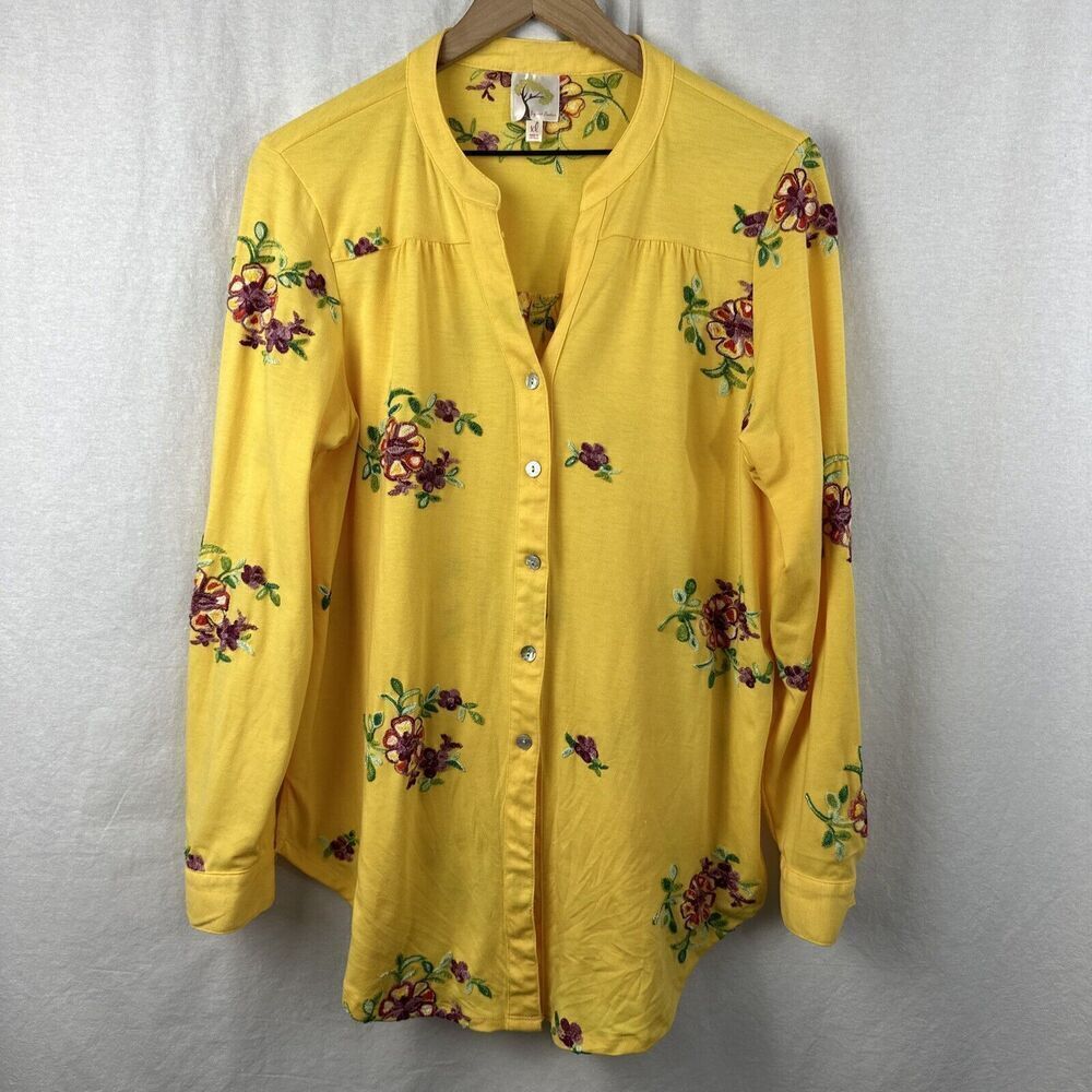 Fig & Flower Anthropologie Yellow Embroidered Button Up Roll Tab Top Women’s XL